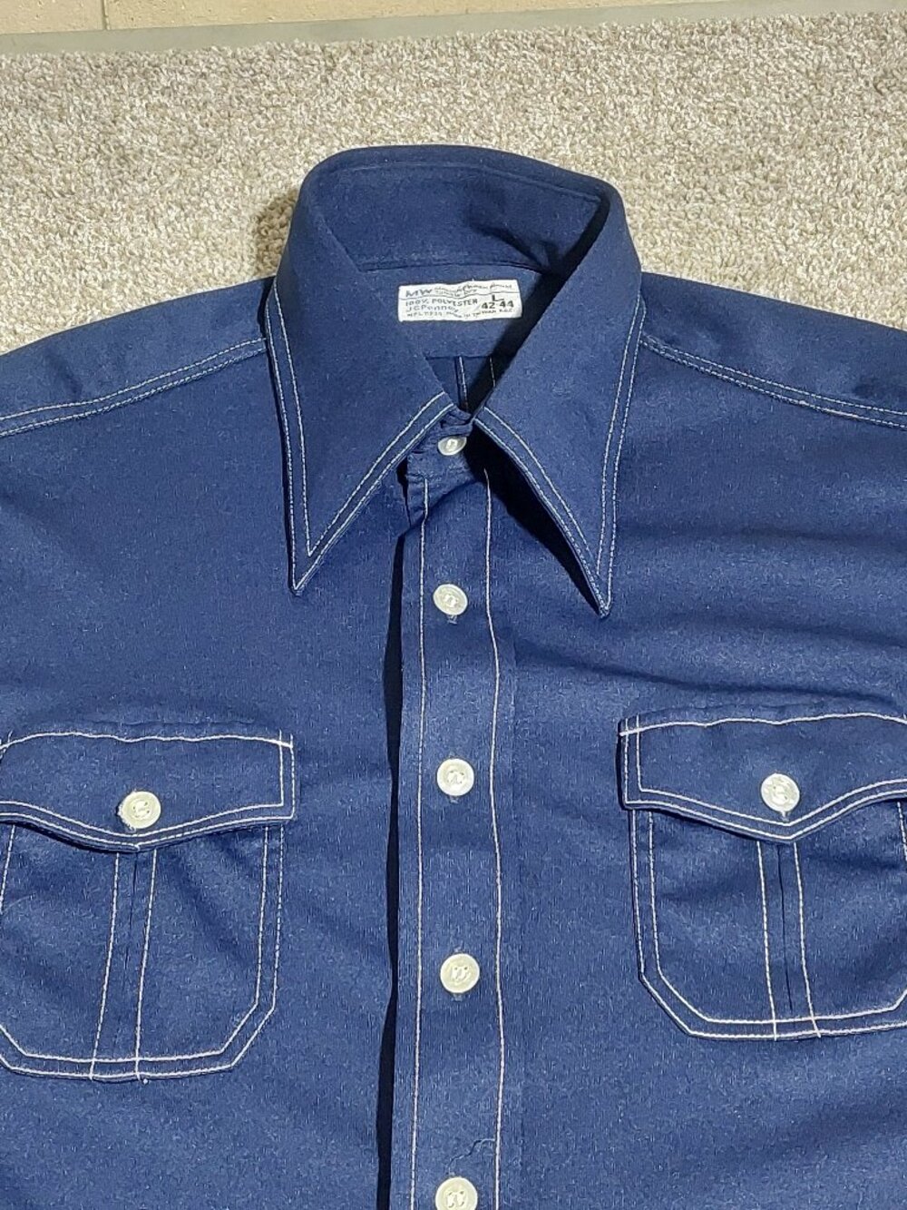 Vintage JC Penny dagger collar Button up poly long sleeve shirt Size L 42-44